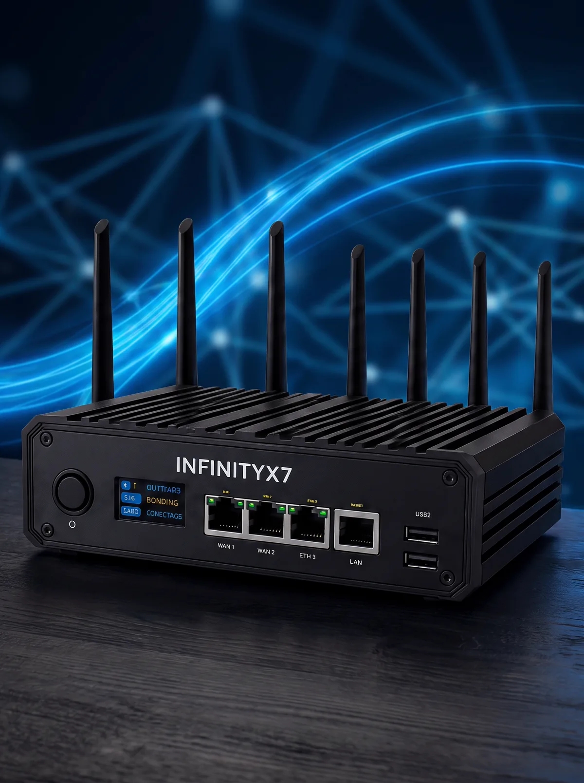 Aparelho InfinityX7 — roteador de bonding que une 7 conexões em uma
